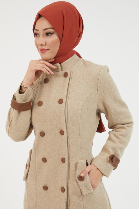 Deri Kemerli Kaşe Kaban TS0248 Bej - 6
