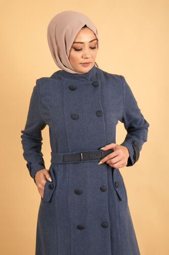 Deri Kemerli Kaşe Kaban TS0248 İndigo - 7