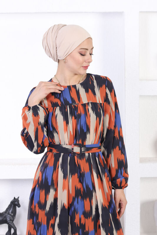 Şifon Dijital Elbise TS0201 Kiremit - 5