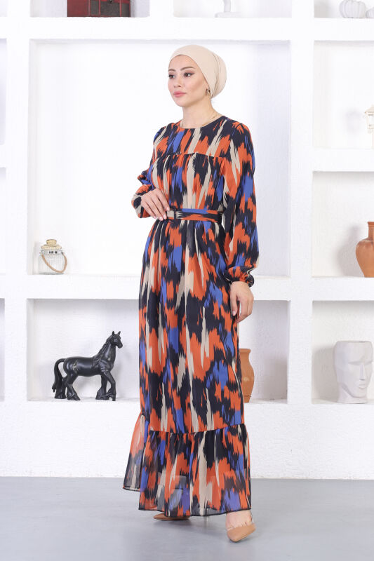 Şifon Dijital Elbise TS0201 Kiremit - 3