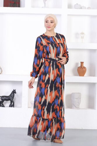 Şifon Dijital Elbise TS0201 Kiremit - 2