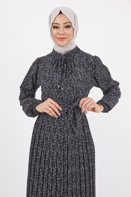 Dijital Krep Piliseli Elbise TS0229 Siyah V5 - 7