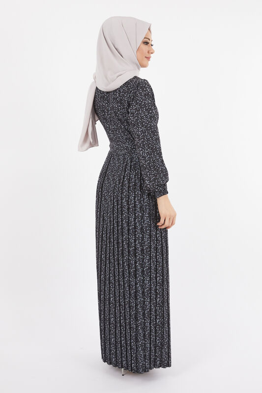 Dijital Krep Piliseli Elbise TS0229 Siyah V5 - 5