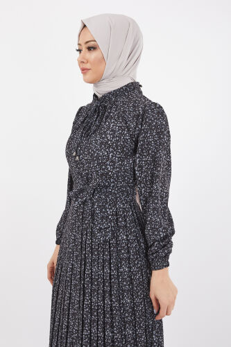 Dijital Krep Piliseli Elbise TS0229 Siyah V5 - 6