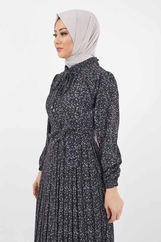 Dijital Krep Piliseli Elbise TS0229 Siyah V5 - 6