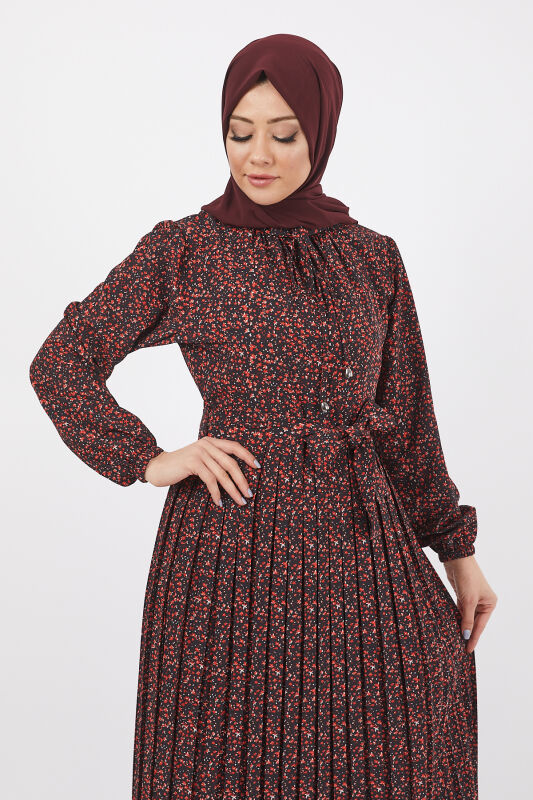 Dijital Krep Piliseli Elbise TS0229 Siyah V6 - 7