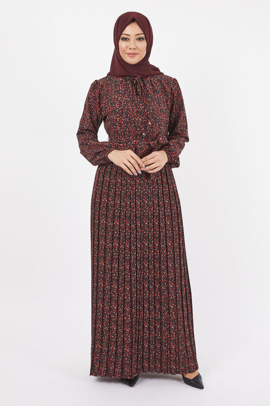 Dijital Krep Piliseli Elbise TS0229 Siyah V6 - 2