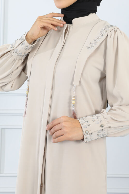 Gizli Pat Taşlı Ferace TS0349 Bej - 6