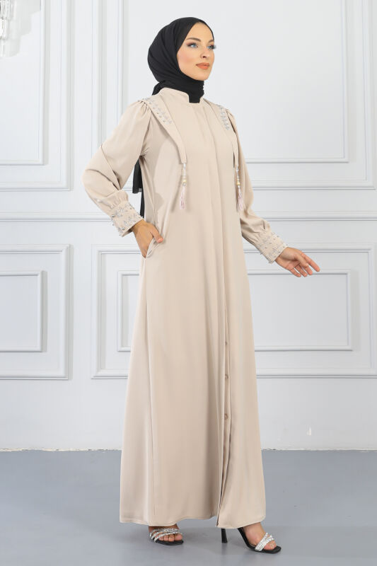 Gizli Pat Taşlı Ferace TS0349 Bej - 4