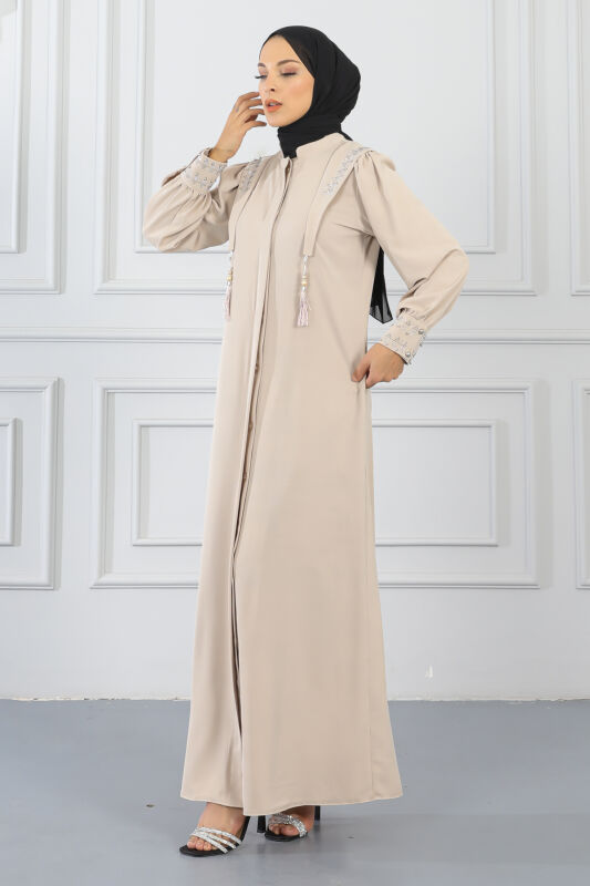 Gizli Pat Taşlı Ferace TS0349 Bej - 3