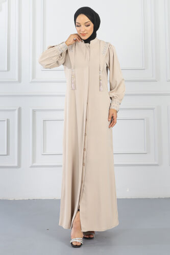 Gizli Pat Taşlı Ferace TS0349 Bej - 2
