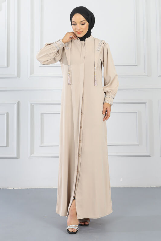 Gizli Pat Taşlı Ferace TS0349 Bej - 2