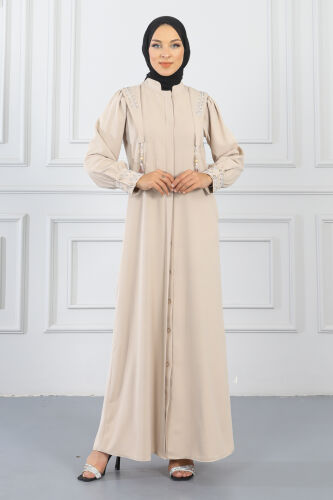 Gizli Pat Taşlı Ferace TS0349 Bej - 1