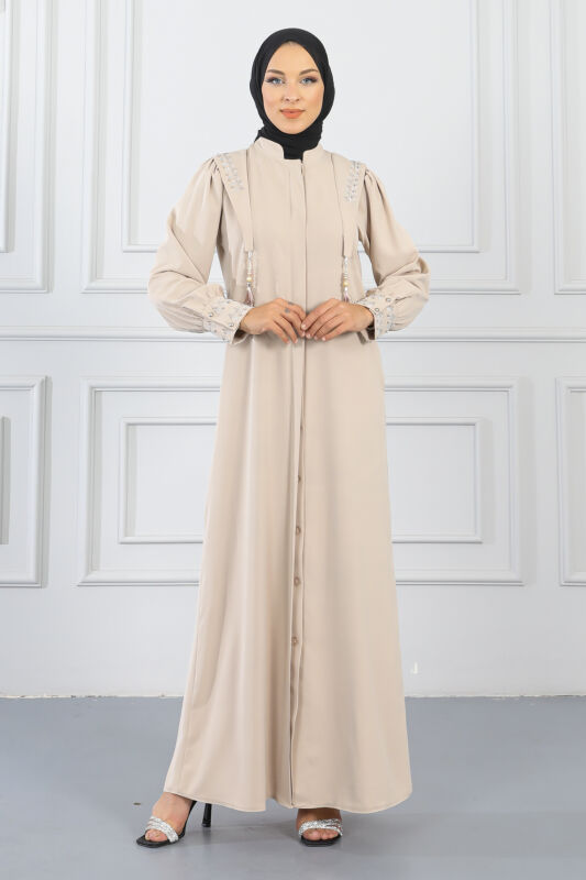 Gizli Pat Taşlı Ferace TS0349 Bej - 1