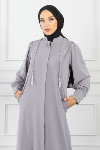 Gizli Pat Taşlı Ferace TS0349 Gri - 5