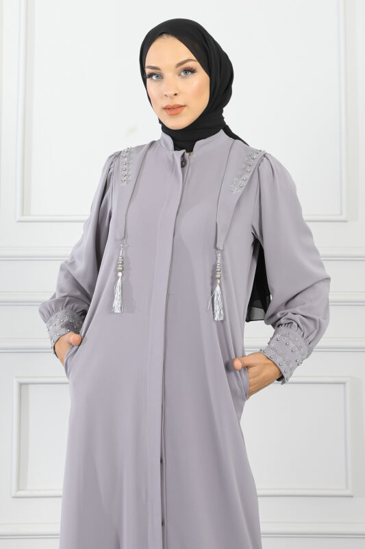 Gizli Pat Taşlı Ferace TS0349 Gri - 5