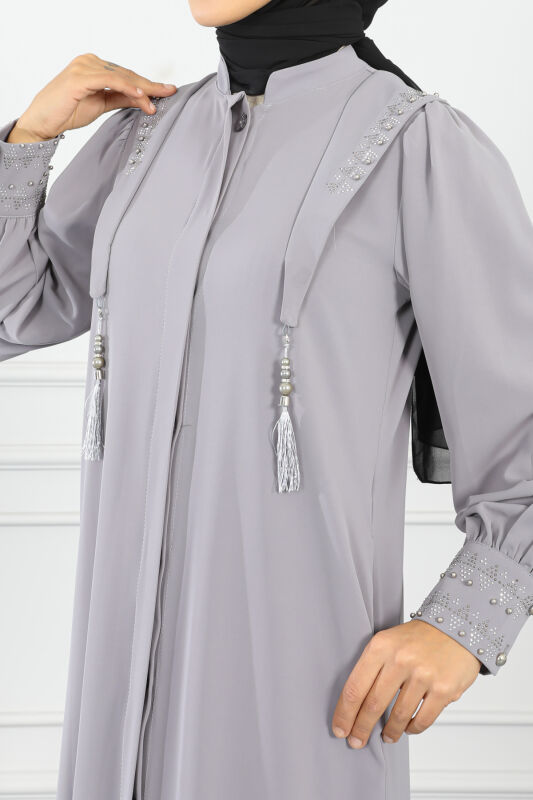 Gizli Pat Taşlı Ferace TS0349 Gri - 7