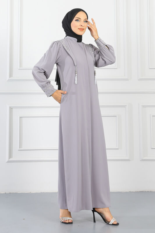 Gizli Pat Taşlı Ferace TS0349 Gri - 3