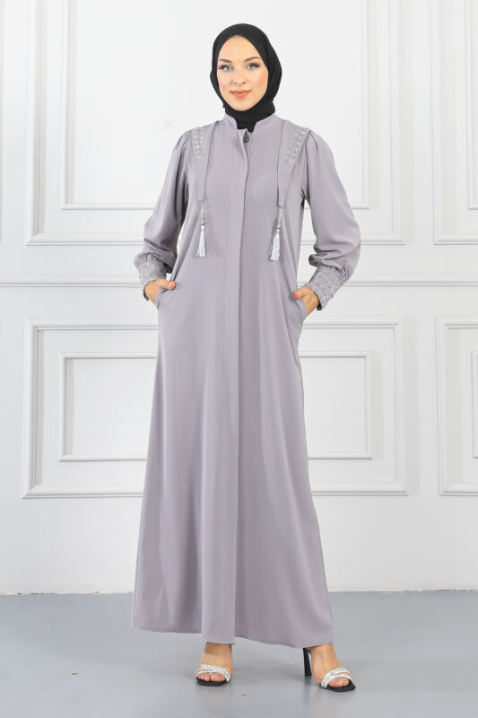 Gizli Pat Taşlı Ferace TS0349 Gri - 1