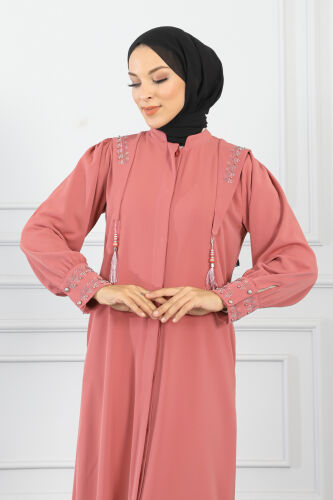 Gizli Pat Taşlı Ferace TS0349 Gül Kurusu - 6