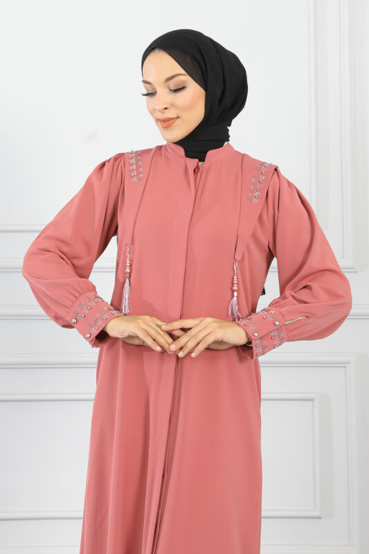 Gizli Pat Taşlı Ferace TS0349 Gül Kurusu - 6
