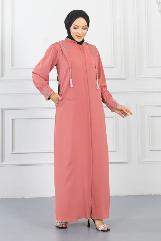 Gizli Pat Taşlı Ferace TS0349 Gül Kurusu - 4