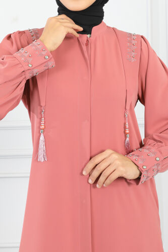 Gizli Pat Taşlı Ferace TS0349 Gül Kurusu - 7