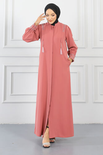 Gizli Pat Taşlı Ferace TS0349 Gül Kurusu - 2