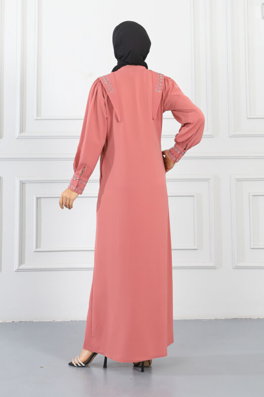 Gizli Pat Taşlı Ferace TS0349 Gül Kurusu - 5