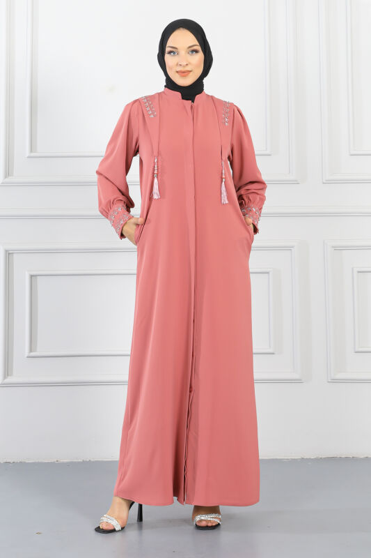 Gizli Pat Taşlı Ferace TS0349 Gül Kurusu - 1