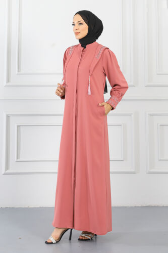 Gizli Pat Taşlı Ferace TS0349 Gül Kurusu - 3