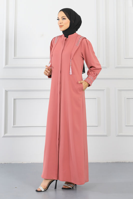 Gizli Pat Taşlı Ferace TS0349 Gül Kurusu - 3