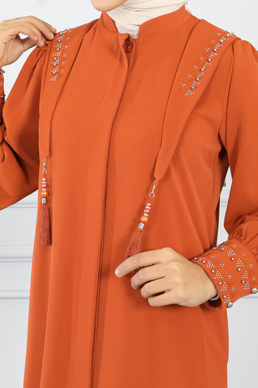 Gizli Pat Taşlı Ferace TS0349 Kiremit - 7