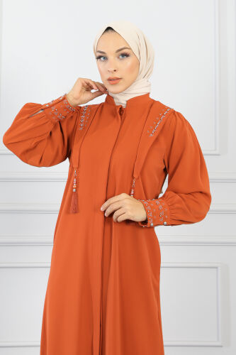 Gizli Pat Taşlı Ferace TS0349 Kiremit - 5