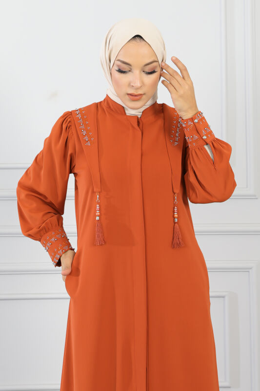 Gizli Pat Taşlı Ferace TS0349 Kiremit - 6