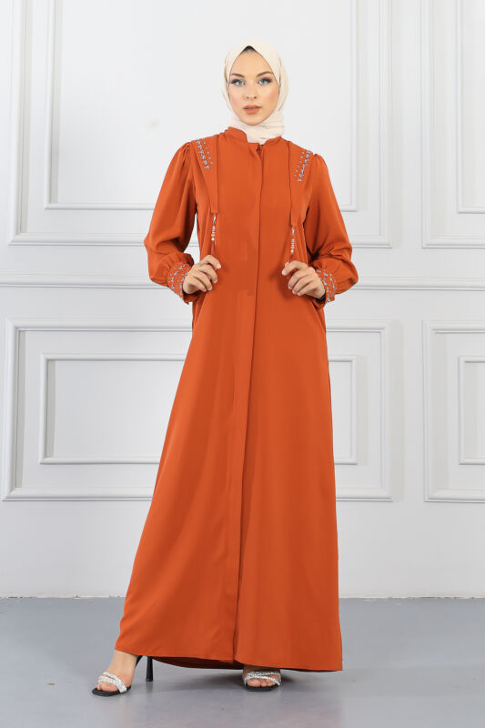 Gizli Pat Taşlı Ferace TS0349 Kiremit - 2
