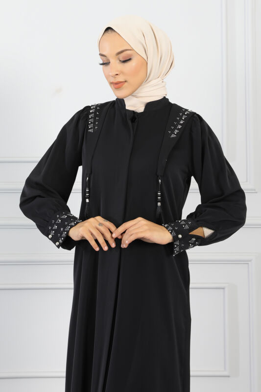 Gizli Pat Taşlı Ferace TS0349 Siyah - 5