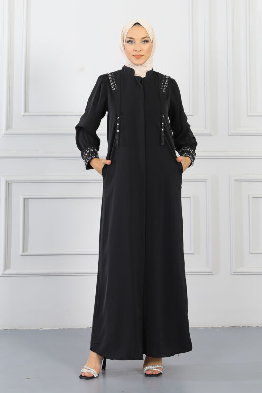 Gizli Pat Taşlı Ferace TS0349 Siyah - 1