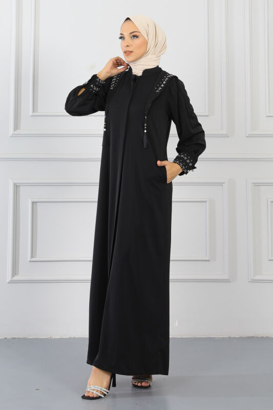 Gizli Pat Taşlı Ferace TS0349 Siyah - 2