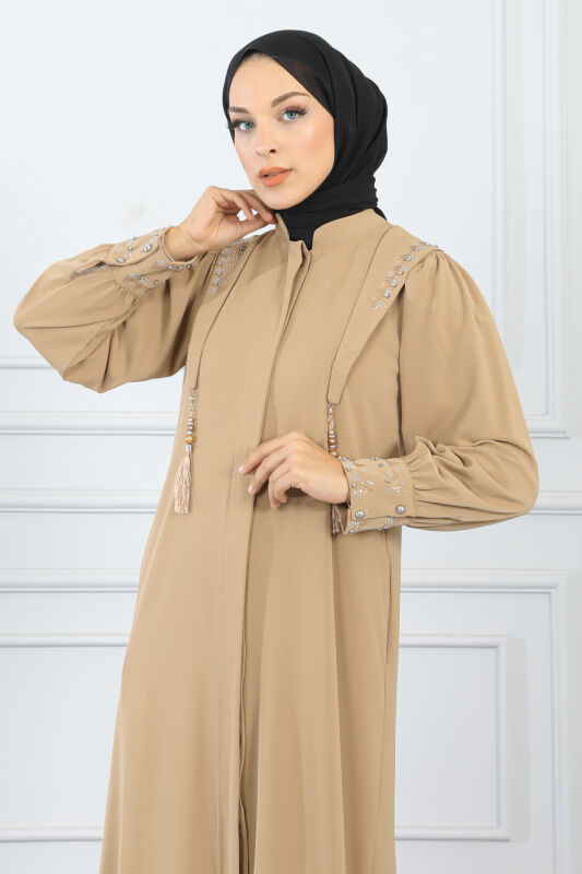 Gizli Pat Taşlı Ferace TS0349 Vizon - 5