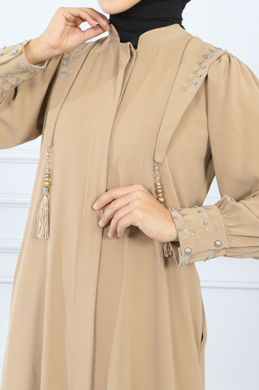 Gizli Pat Taşlı Ferace TS0349 Vizon - 7