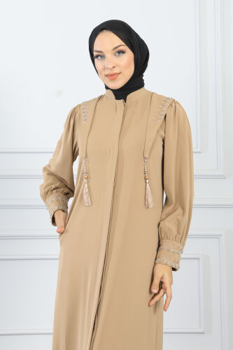 Gizli Pat Taşlı Ferace TS0349 Vizon - 6