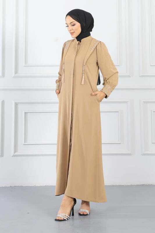 Gizli Pat Taşlı Ferace TS0349 Vizon - 2