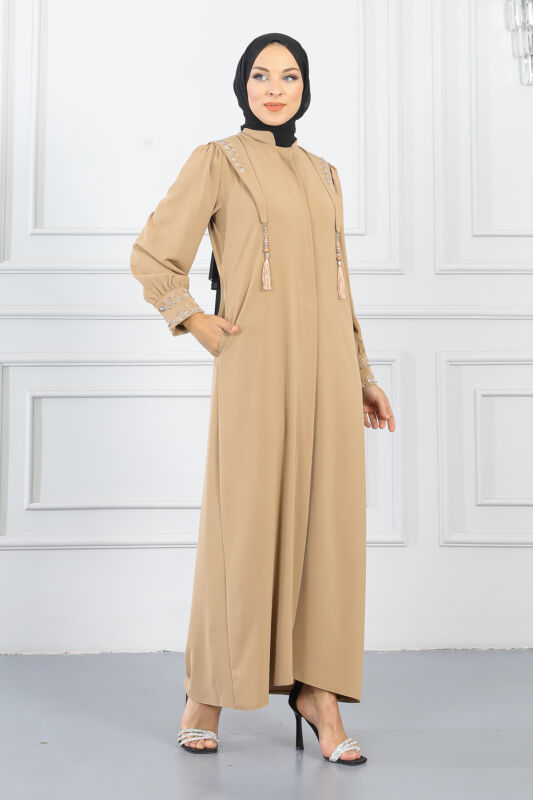 Gizli Pat Taşlı Ferace TS0349 Vizon - 3