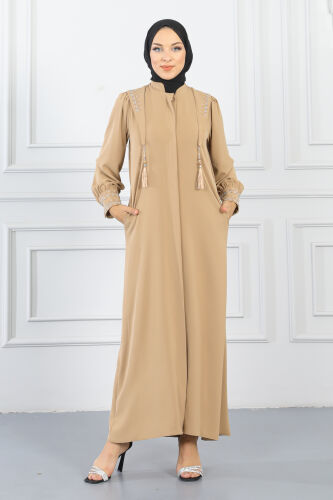 Gizli Pat Taşlı Ferace TS0349 Vizon - 1