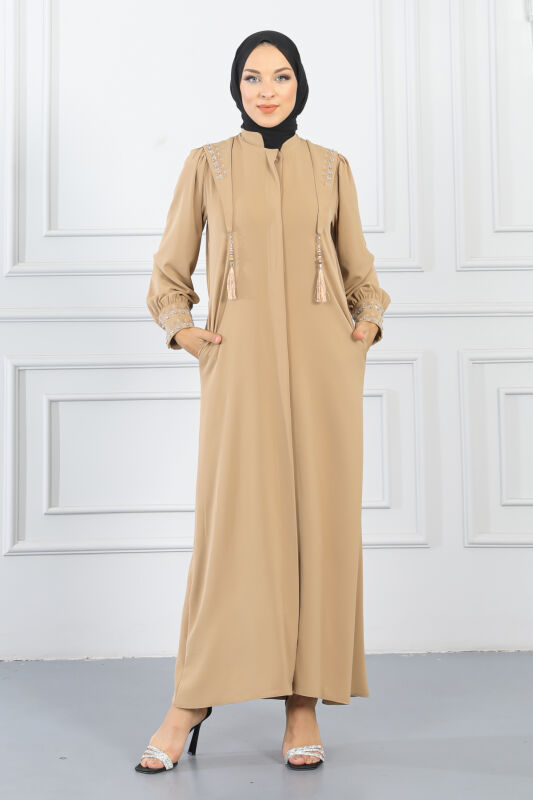 Gizli Pat Taşlı Ferace TS0349 Vizon - 1