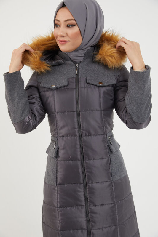 Kapitone Kaşe Cepli Kaban TS0244 Gri - 6