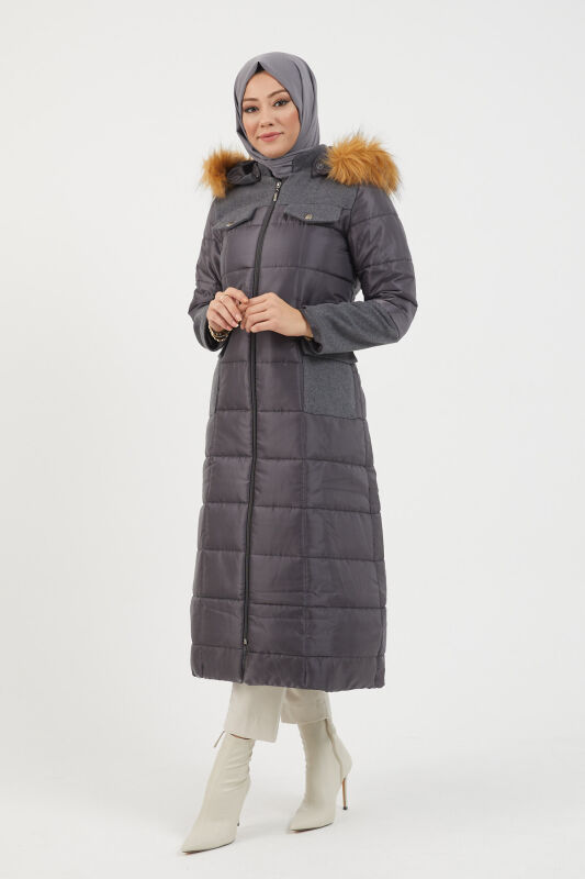 Kapitone Kaşe Cepli Kaban TS0244 Gri - 4