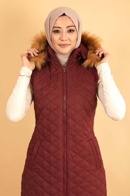 Kapitone Şişme Uzun Yelek TS0559 Mürdüm - 5