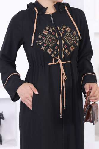 Ön Nakış Kapüşonlu Mevsimlik Ferace TS0564 Siyah Camel - 7